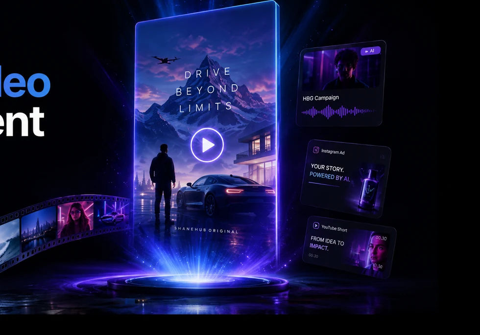 AI video campaign concept with vertical video screens and cinematic light